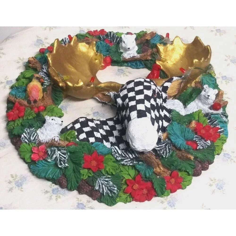 Christmas Wreath CHECKERED Whimsical resin 3D Moose squirrels cardinals OOAK